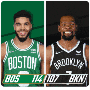 two basketball players from boston and brooklyn are shown side by side