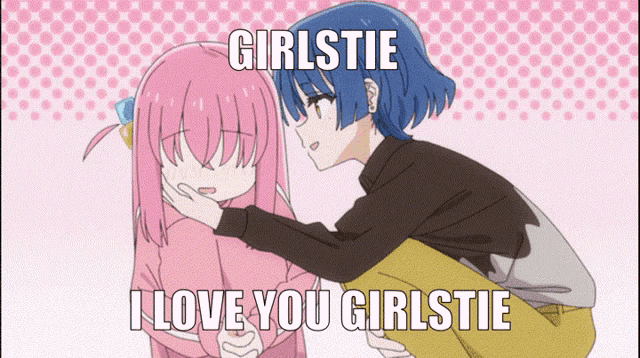 a girl with blue hair is hugging another girl with pink hair and says " girlsie i love you girlsie "