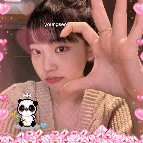 a girl making a heart shape with her hands with the words youngseo and lele written on the bottom