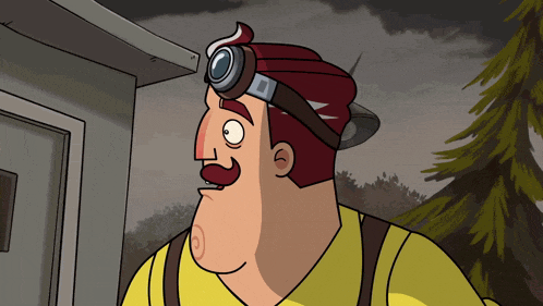 a cartoon character wearing a headlamp and goggles looks to the side