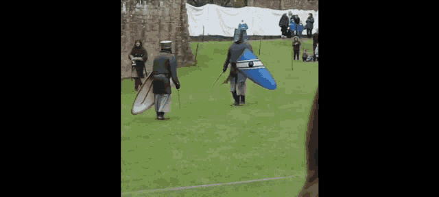a group of knights are standing on a lush green field holding shields and swords .