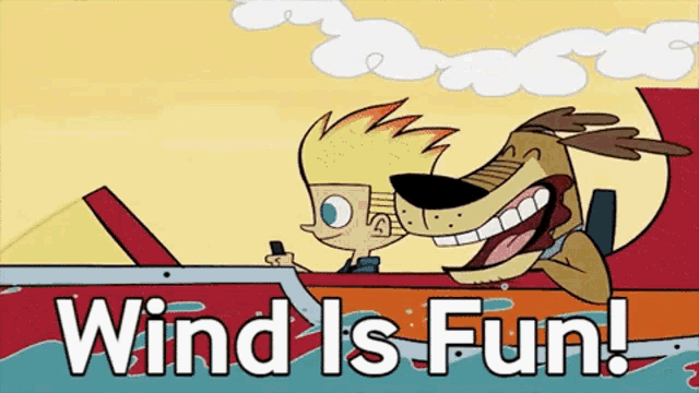 a cartoon of a boy and a dog on a boat with the words wind is fun