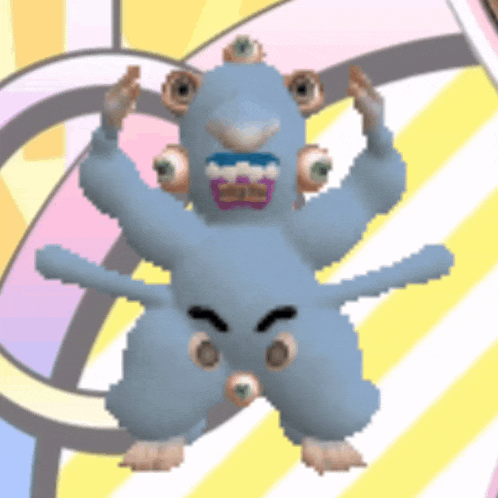 a cartoon drawing of a blue monster with many eyes and mouths