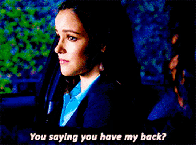 a woman in a blue shirt is talking to another woman in a car and the woman is saying you saying you have my back ?