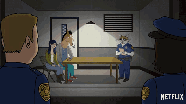 a cartoon of a man and woman sitting at a table with a police officer and a netflix logo on the bottom