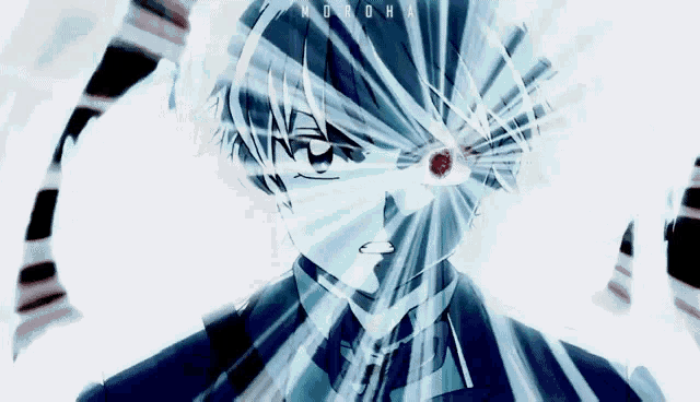a close up of a person 's face with a glowing eye and rays coming out of it .