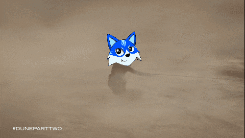 a pixel art of a dog flying a kite with the hashtag duneparttwo