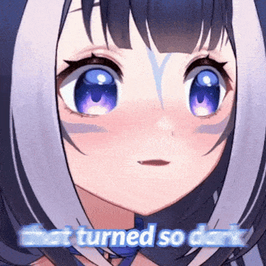 a close up of a girl 's face with the words " it turned so dark " above it
