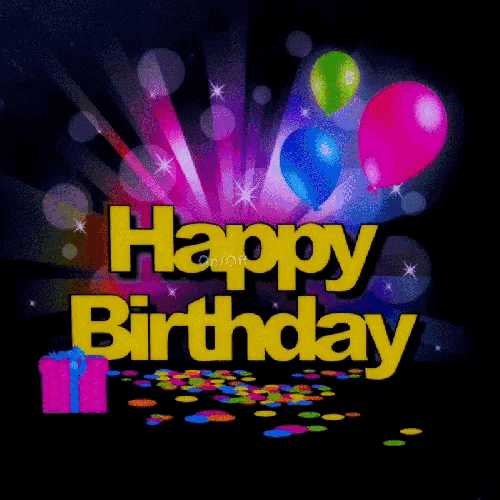 a happy birthday greeting card with balloons and confetti
