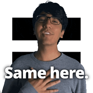 a man wearing glasses and a gray sweater says same here