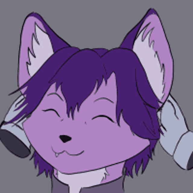 a cartoon drawing of a purple fox with a white tail