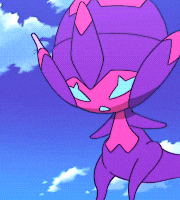 a purple and pink cartoon character with a blue sky background