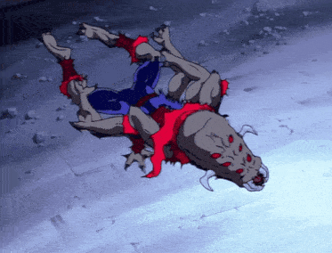 a cartoon character is laying on its back on a concrete surface