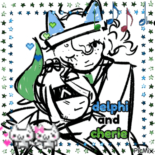 a black and white drawing of delphi and cherie is surrounded by stars