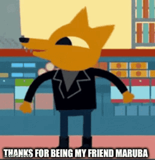 a cartoon character says thanks for being my friend maruba on the bottom