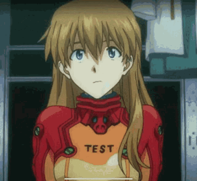 a girl in a red and orange suit with the word test on her chest