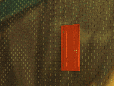 a red door with a picture of a girl in the background