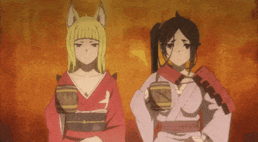 two anime characters standing next to each other holding barrels in their hands