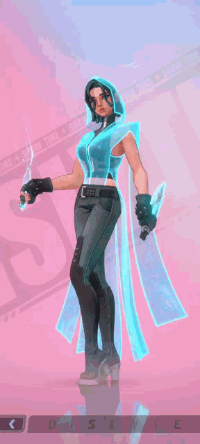 a woman in a blue cape is holding a sword and a gun
