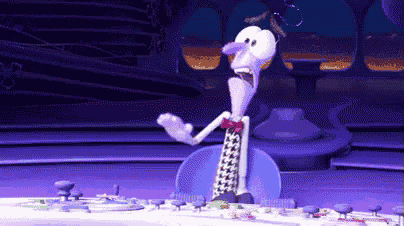 a cartoon character is sitting in a chair with his mouth wide open