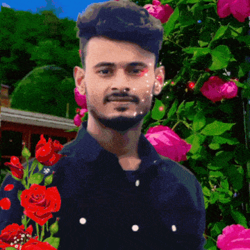 a man in a black shirt is surrounded by pink and red roses