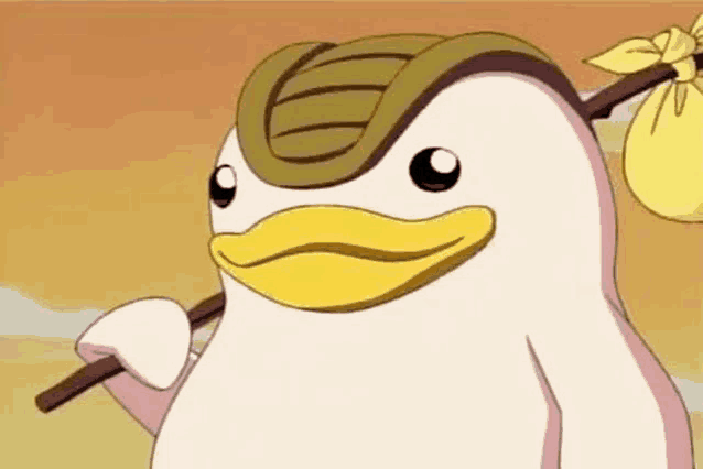 a cartoon duck is carrying a bag on its back and a stick .
