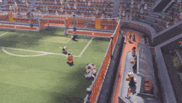 a soccer game is being played in a stadium with a few players on the field