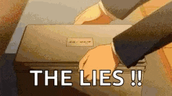 a man in a suit is opening a briefcase with the words `` the lies !! '' written on it .