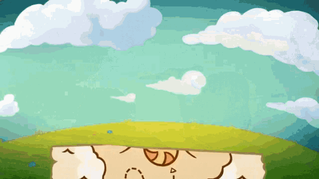 a cartoon drawing of a sheep on a hill with clouds in the sky