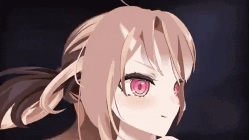 a close up of a anime girl with red eyes and long hair .