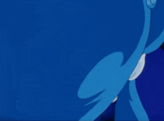 a close up of a cartoon character with blue hair and blue eyes