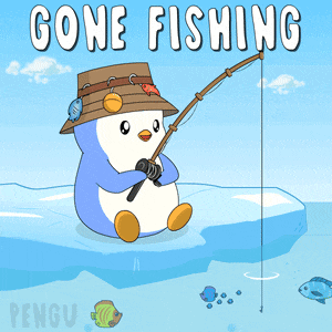 a cartoon of a penguin fishing with the words gone fishing