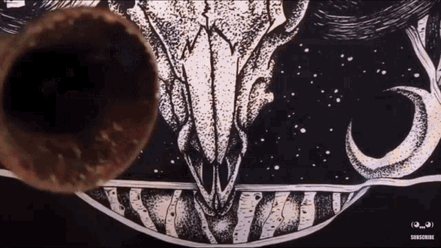 a black and white drawing of a skull and a crescent moon with the words subscribe on the bottom