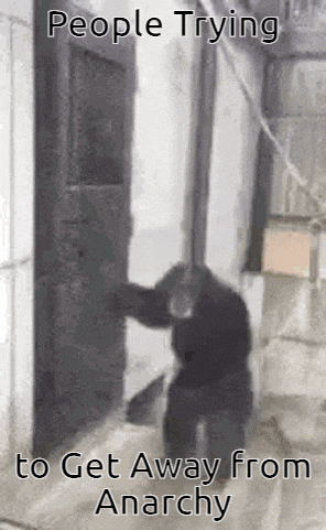 a chimpanzee is standing in front of a door with a sign that says `` people trying to get away from anarchy ''