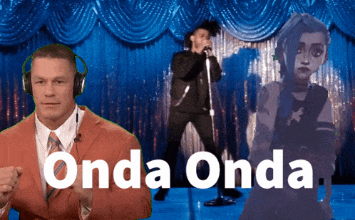a man wearing headphones stands in front of a blue curtain with the words " onda onda " written on it