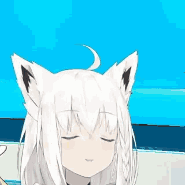 a girl with white hair and cat ears is standing on a beach with a light bulb in her hand .