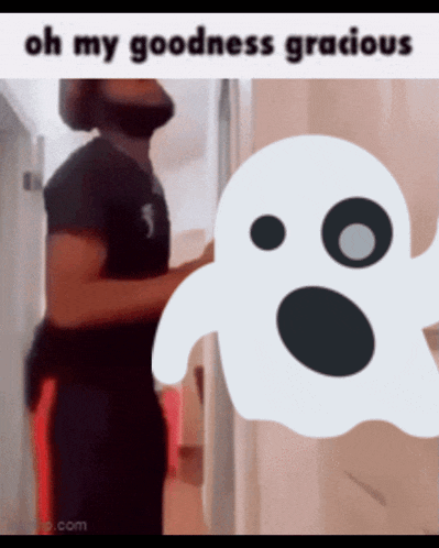 a man standing next to a ghost that says oh my goodness gracious on it