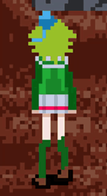 a pixel art drawing of a girl in a green skirt