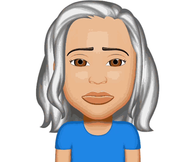 a cartoon of a woman with grey hair and a blue shirt