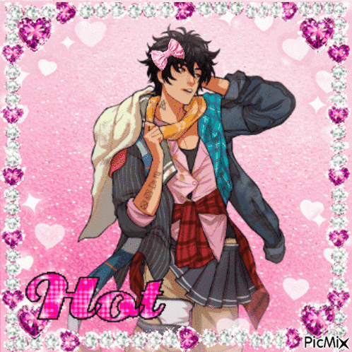 a picture of a boy with a pink bow on his head and the word hot underneath