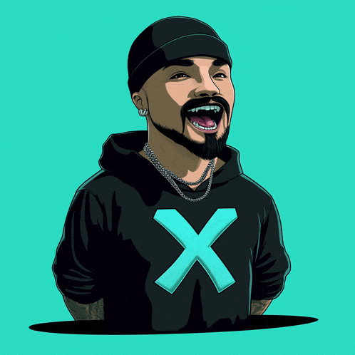 a man with a beard wearing a black hoodie with an x on it