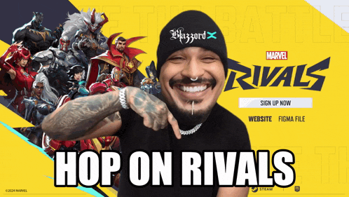a man in a blizzard hat is smiling in front of a marvel rivals poster