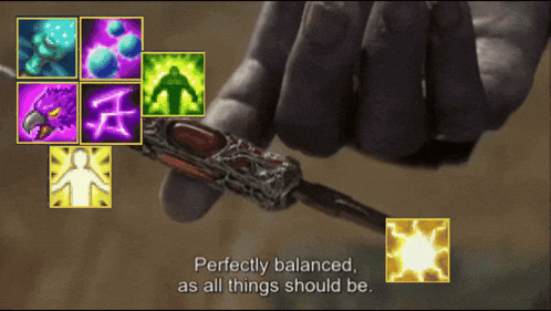 a person holding a sword with the words perfectly balanced as all things should be on the bottom