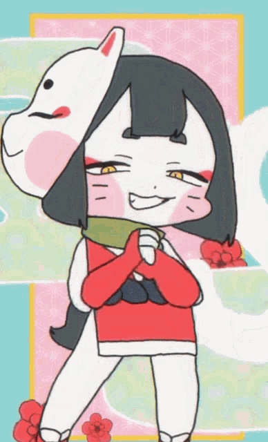 a cartoon drawing of a girl with a mask on her face