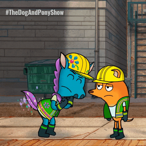 a cartoon of a dog and a pony with the words " the dog and pony show " on the bottom