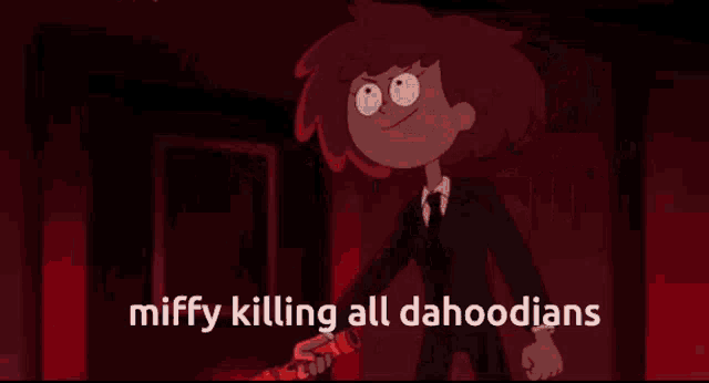 a cartoon character is holding a red light saber with the words miffy killing all dahoodians below it