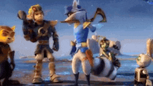 a group of cartoon characters are standing on top of a beach .