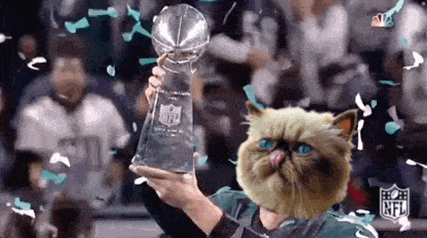 a cat is holding a super bowl trophy in its hands .