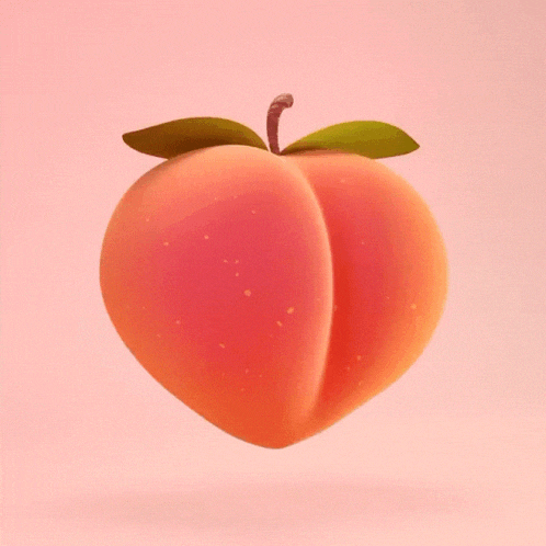 a peach with a green leaf on a pink background with a hand coming out of it