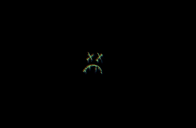 a glitch effect of a sad face with crossed eyes and a rainbow in the background